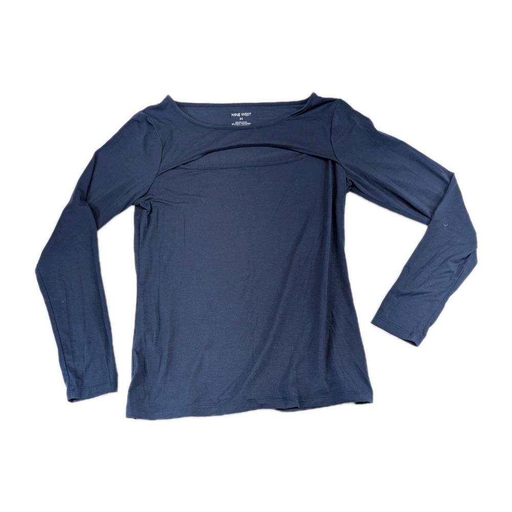 Nine West Women's Top Navy Blue‎ Keyhole Neckline T-Shirt Style Soft Stretch M